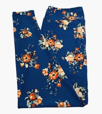 LuLaRoe Leggings TC2 Tall Curvy 2 BLUE CREAM Orange ROSE PEONY Flower SOFT Knit - Image 1 of 4