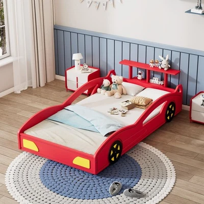 Cama de madera para coche de carreras, plataforma en forma de coche cama doble con ruedas para adolescentes, rojo y amarillo Foto 1 de 4