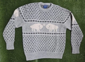 Rare Vintage Pendleton Size Medium Wool Crewneck Sweater Buffalo Bison Gray Blue - Picture 1 of 10