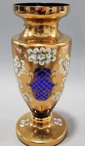 Czech Bohemian Egermann Gold High Enamel Cobalt Blue Glass Vase Floral 15"H - Picture 1 of 6