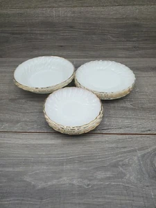 10 Pc Vtg Fire-King Plate & Bowl Set Milk Glass Gold Rim Swirl - Picture 1 of 12