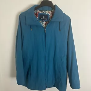 London Fog cappotto donna con cappuccio blu/medio full zip fodera floreale vintage - Foto 1 di 10
