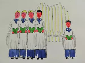 MID CENTURY CHRISTMAS CHOIRBOYS , ORIG. W/C & PEN BY MALCOM EDGAR CASE, NYC - Picture 1 of 12