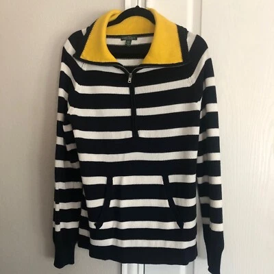 Lauren Ralph Lauren 条纹 1/2 拉链套衫针织毛衣女式 XL 海军蓝学院风 — 第 1/4 张图片