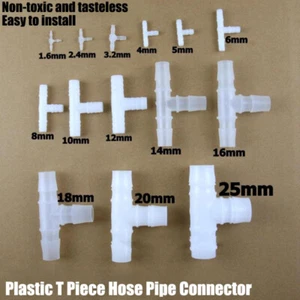 1.6mm-25mm Plastic T Piece Hose Pipe Barbed Connector 3 Way Tubing Air / Water - Picture 1 of 3