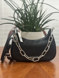Michael Kors Cora Black Pebbled Leather Medium Crossbody Shoulder Hobo Bag - Picture 1 of 6
