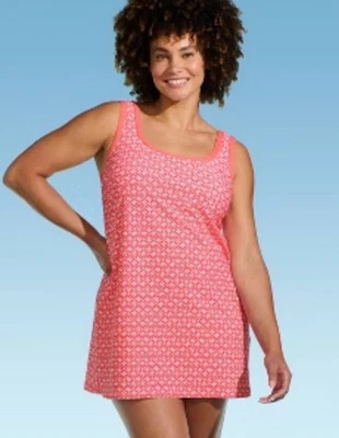 NWT Lands' End L 14-16 Coral Geo Floral Print Swim Dress Attached Shorts $78 - Image 1 of 4