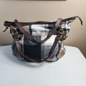 Mossimo Womens Wool Blend Neutral Plaid Large Tote/Shoulder/Hobo Bag - Picture 1 of 12
