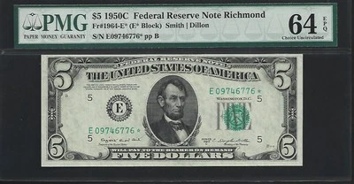 US $5 1950C PMG 64 EPQ UNC Fr #1964-E* Star Note FRN Richmond Smith/Dillon - Image 1 of 4