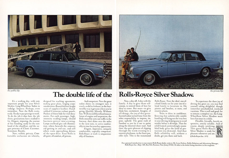1972 年劳斯莱斯:双重生活银色阴影复古印刷广告 — 第 1/1 张图片