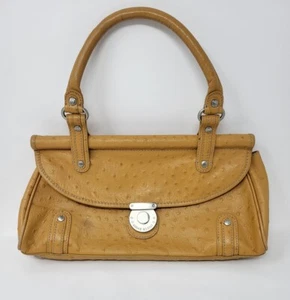 Anne Klein Leather Ostrich Satchel Bag Purse Golden Yellow Mustard Color - Picture 1 of 18