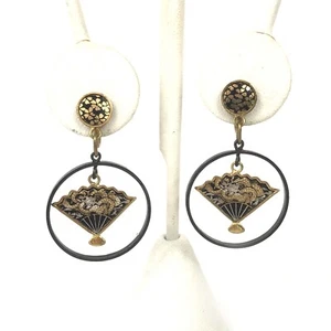 Dragon Fan Screwback Vintage Japan Earrings Dangle Drop Enamel Black Gold 1 5/8" - Picture 1 of 6