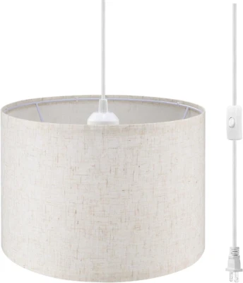 Lámpara colgante enchufable, lámpara colgante de 15 pies con pantalla de lino beige, interruptor de encendido/apagado Foto 1 de 4