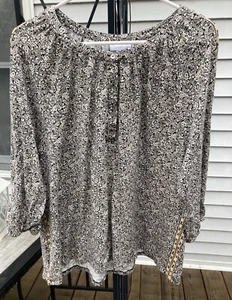 J.Jill Med Pet Black Yellow Micro Floral Button Front Boho Flowy Top 3/4 Sleeve - Picture 1 of 8