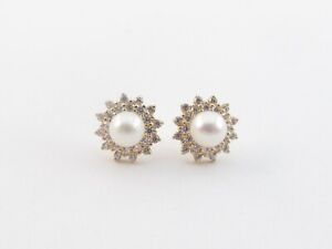 14k Yellow Gold Pearl And Cubic Zirconia Screw Back Stud Earrings
