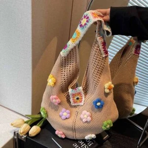 Beach Handbag Flower Knitting Bag Tote Bag Hollow Shoulder Bag Summer - Picture 1 of 14