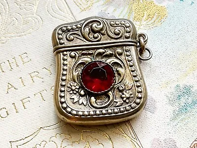 Antique Repousse Sterling Silver Stamp Box Holder With Red Stone Flip Top • 93.09$