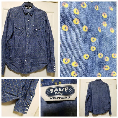 Salt Valley 衬衫男式小号蓝色西部珍珠扣牛仔牛仔 Rodeo Aztec — 第 1/4 张图片