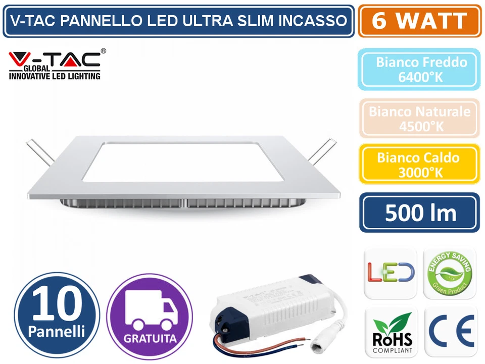 SET 10 PANNELLI V-TAC FARETTO FARO LED VT607SQ ULTRA SLIM DA INCASSO 6W QUADRATO - Immagine 1 di 1