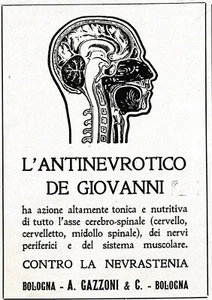 PUBBL. 1922 ANTINEVROTICO DE GIOVANNI NEVRASTENIA CERVELLO GAZZONI BO - Foto 1 di 1