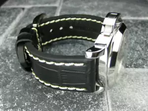 26 mm GRANDE COCODRILO Correa de Cuero Negro Grueso Banda de Reloj Cinturón Punto Blanco PANERAI - Imagen 1 de 11
