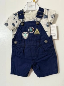 Carter's Boy Baby Newborn 2 Piece Overall Shorts & Shirt Set Blue Gray - Picture 1 of 2