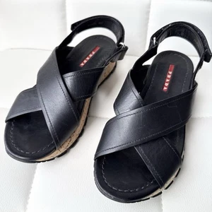 Prada Leather Criss-Cross Slingback Cork Flat Platform Sandals Sz 36.5 - Picture 1 of 13