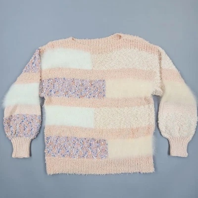 Vintage 80s Pastel Pink Angora Textured Geometric Colorblock Sweater  - Image 1 of 4