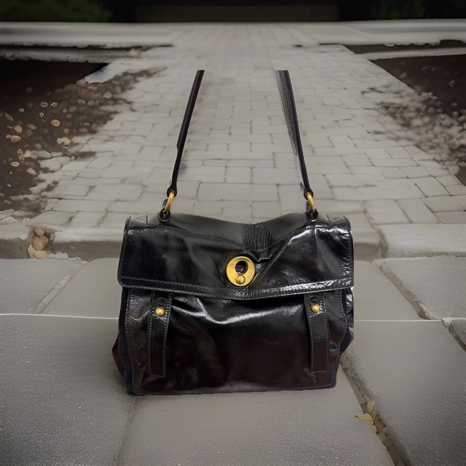 YVES SAINT LAURENT MUSE 两个手提包黑色专利皮革包钱包 — 第 1/4 张图片