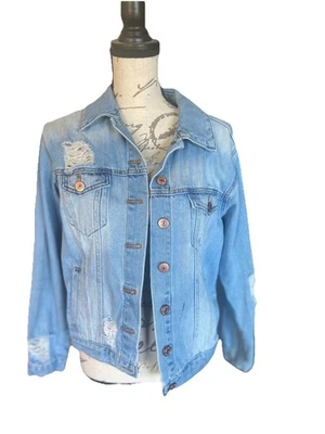 Chaqueta de Jean Forever 21 Azul Denim Rosa Naranja Floral Bordada Envejecida Talla S Foto 1 de 4