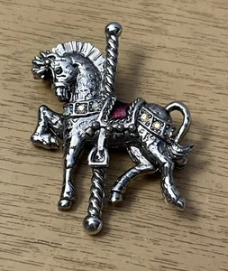 Vtg Danecraft Carousel Horse Zebra Brooch Rhinestone Silver Tone - Picture 1 of 12