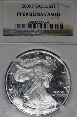 2000 P NGC PF69 ULTRA CAMEO AMERICAN SILVER EAGLE #B51349 - Image 1 of 2