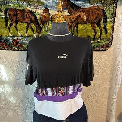 Black Puma cropped top with purple and white striped trim - Image 1 of 4