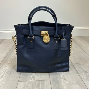 Michael Kors Hamilton Large AP-1209 Tote Saffiano Leather Navy Gold Handbag - Picture 1 of 14