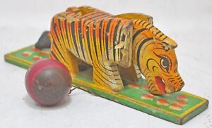 Vintage Wooden Tiger Ball Toy Figurine Original Old Hand Crafted Painted