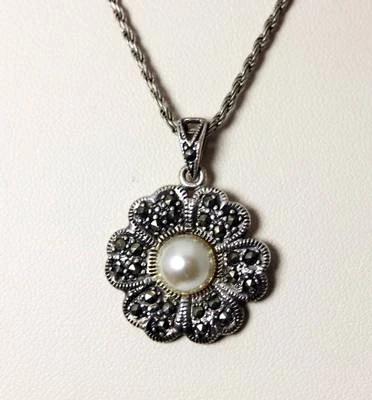 Beautiful Sterling Silver Faux Pearl & Marcasite Flower Necklace 18" - 4601 - Image 1 of 4
