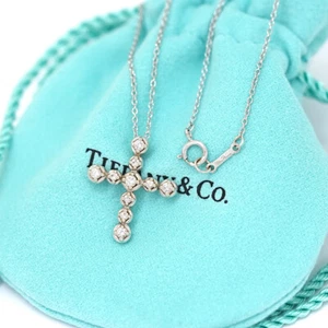 Tiffany & Co. Diamond Jazz Cross Necklace 16" Platinum PT950 Auth w/Bag #9170 - Picture 1 of 8