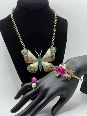 Betsey Johnson Gold-Tone Multicolor Butterfly Pendant Necklace Bracelet & A Ring - Image 1 of 4
