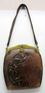 Antique Art Nouveau Hummingbird Floral Flower Tooled Brown Leather Purse JEMCO - Picture 1 of 9