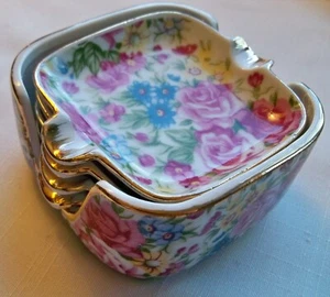 ARNART 5th AVE ROYAL CHINTZ FLORAL INDIVIDUAL ASHTRAY SET of 4 with HOLDER #1563 - Picture 1 of 10
