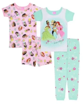 Disney Princess Girls Cotton Sleepwear 4 Piece Pajama Set GREEN/PINK - Size 4T - Image 1 of 4