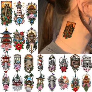 9pcs Temporary Tattoo New School Traditional Japanese Pagoda Gothic Castle - Picture 1 of 15