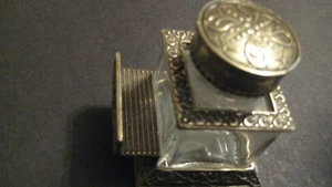 VINTAGE BRASS MOUNTED INK BOTTLE WITH PEN REST - Picture 1 of 8