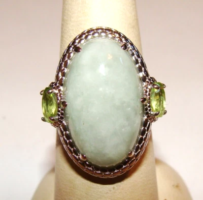 PAJ Jade of Yesteryear JOY Sterling Silver Oval Green Jade & 2 Peridot Ring 7.25 - Image 1 of 4