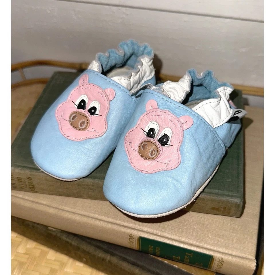 Roper Leather Baby Infant Crib Shoes Blue With Pink Pigs Size 6-12 Months - Image 1 of 4