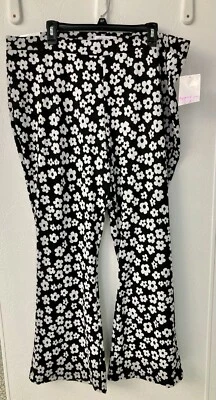 NWT Vanilla Star Double Knit Pull On Flare Pants Size 3x Black With White Flower - Image 1 of 4