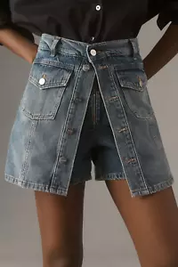 NWT ANTHROPOLOGIE PILCRO COUNTRY DENIM JEAN MINI SKIRT SKORT MEDIUM BLUE 27 - Picture 1 of 8