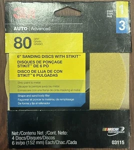 NEW 3M 03115 80 Grit 6” Sanding Discs with STIKIT (4 Discs) Grade 1 & 3 - Picture 1 of 2