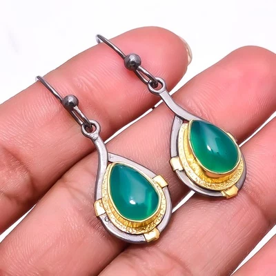 Серьги из стерлингового серебра 925 пробы с зеленым ониксом черные и золотые с родиевым покрытием 1,76 дюйма E26 - Изображение 1 из 4