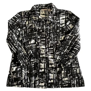 Chico's Womens Abstract Artsy Travel Resort Windbreaker Size 2 Black White Snap - Picture 1 of 10